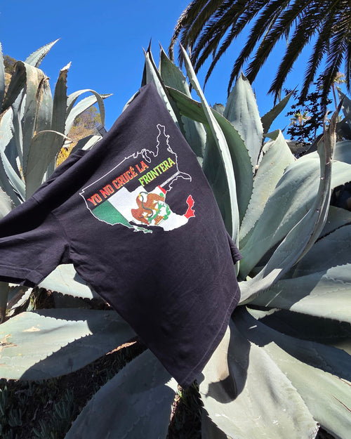 A Black graphic t-shirt featuring the Mexican flag and vintage coat of arms from 1848 with the text 'YO NO CRUCE LA FRONTERA' and a map outline, hanging outdoors against a background of agave plants in a clear day. Una camiseta gráfica en color Negro con la bandera mexicana y el escudo de armas antiguo de 1848, con el texto "YO NO CRUCÉ LA FRONTERA" y el contorno de un mapa, colgada al aire libre sobre un fondo de plantas de agave y cielo azul.