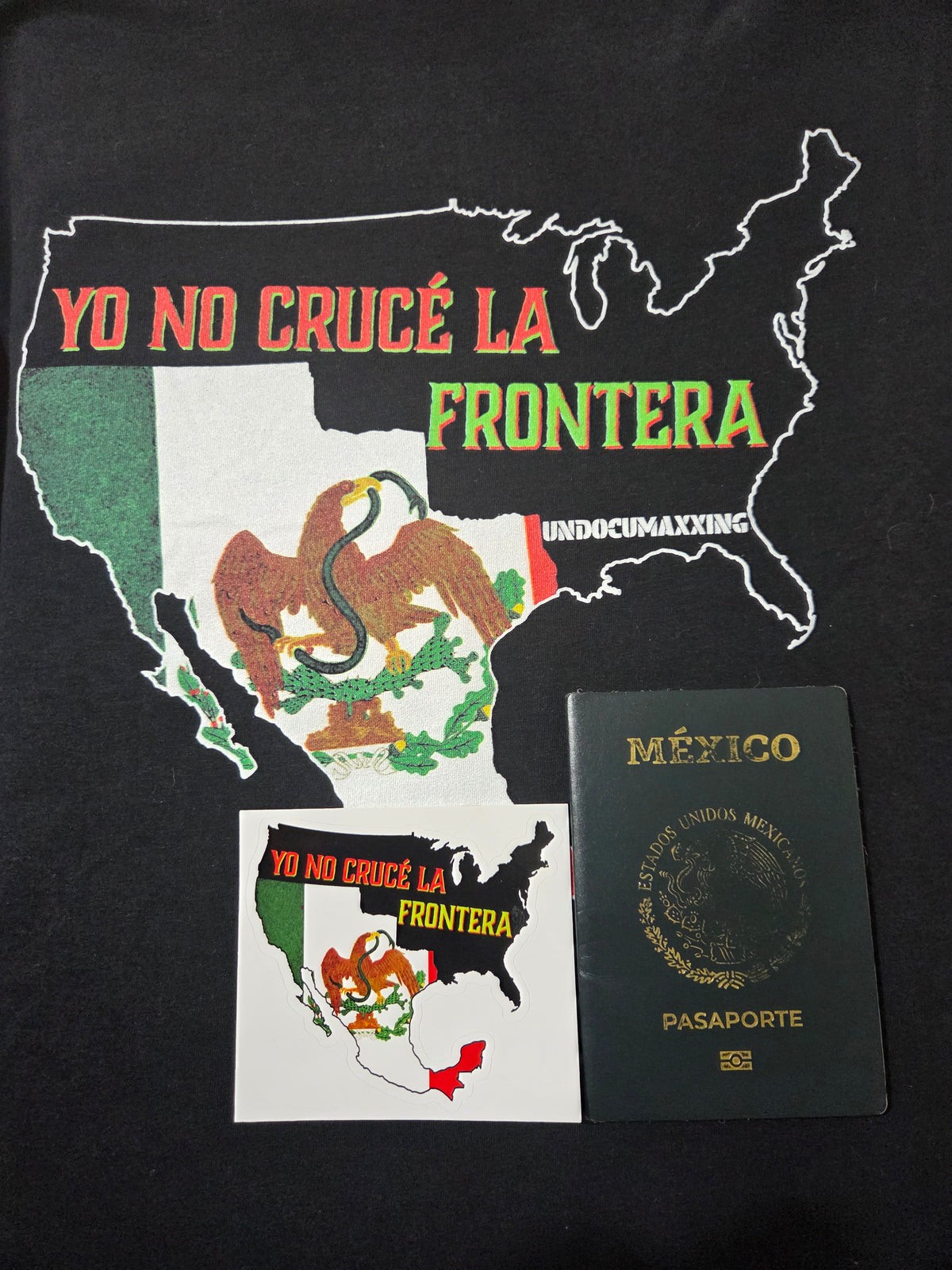 "4" × 4" sticker – Yo No Crucé La Frontera vintage Mexican flag design sticker from 1848 next to a Mexican passport"